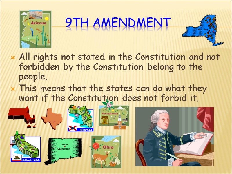 9th Amendment  All rights not stated in the Constitution and not forbidden by